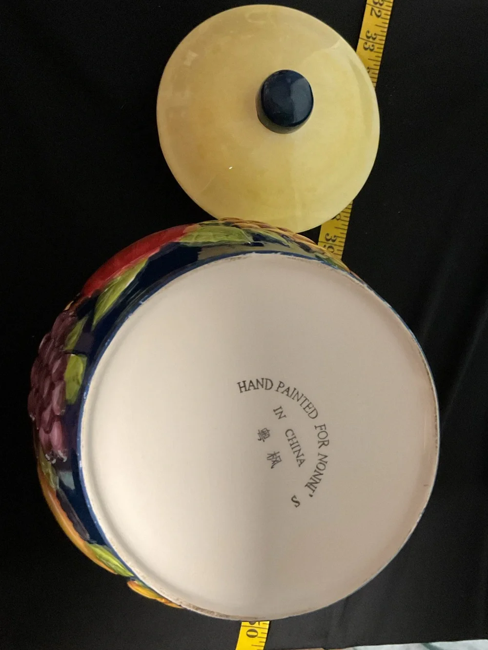 Biscotti Yellow and Navy Ceramic Biscotti Jar with Fruit Motif